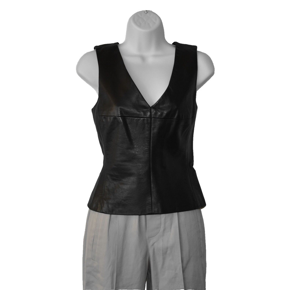 A6 Auth CHARLES CHANG LIMA Black Genuine Leather Back Zip Sleeveless Top Size 6